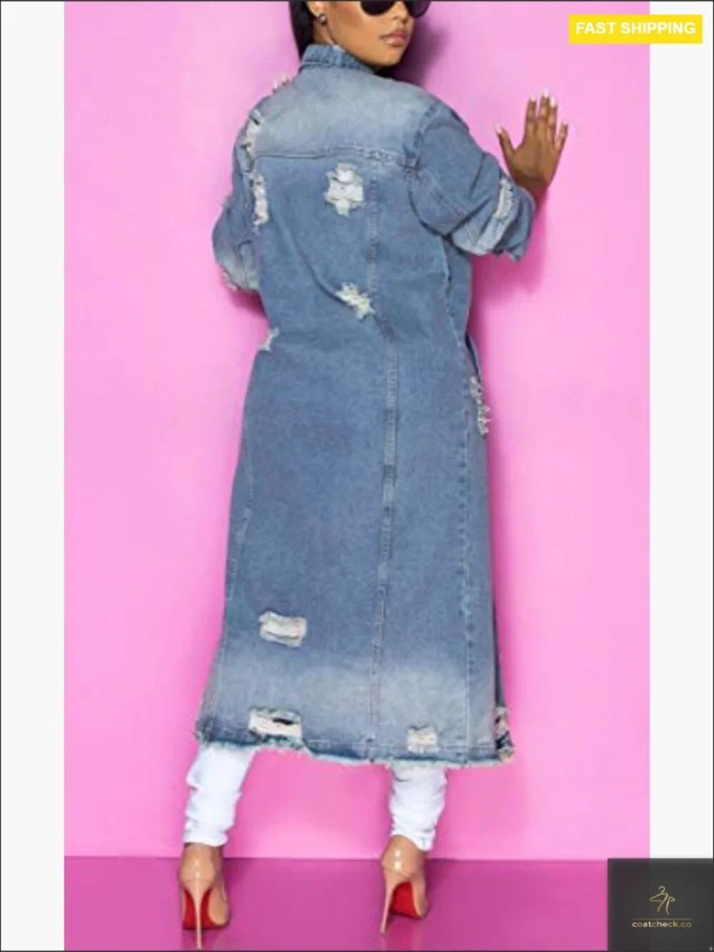 Ripped Maxi Long Denim Jacket Trench Coat Lightweight Vintage Button Down - Picture 2 of 6